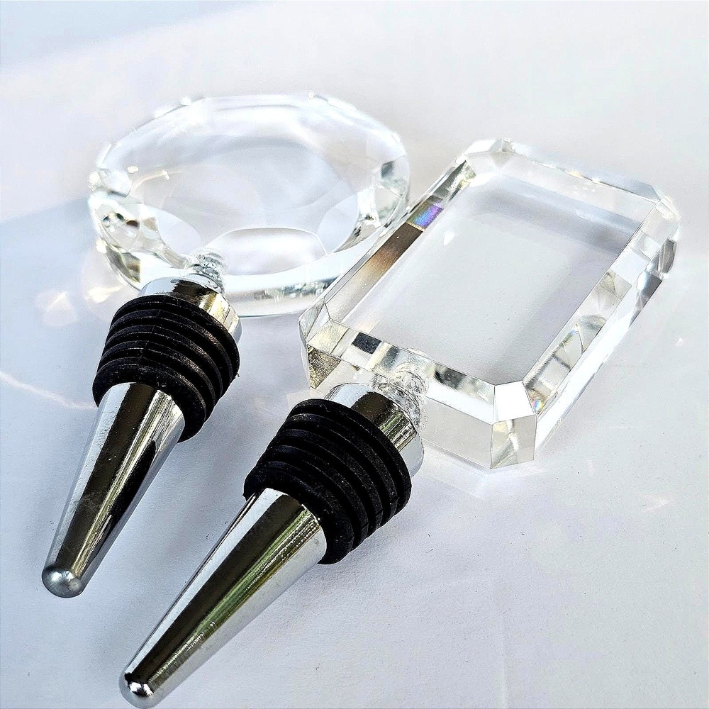 Vintage Glass Wine Bottle Stoppers Set Faceted Emerald Round Cut Barware Decor